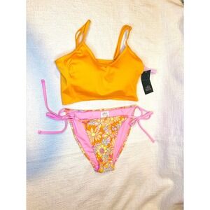 New ! Ribbed Longline Bralette  & Orange Pink Floral Bikini Bottom Wild Fable